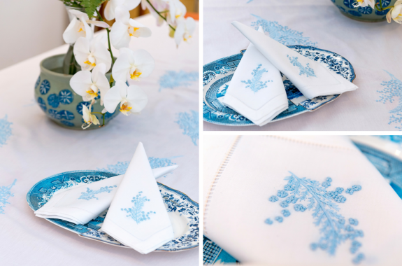 Rectangle mimosa flower embroidered table cloth (450x220cm) - include 14 napkins 